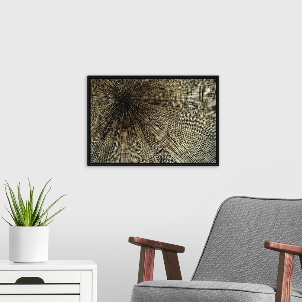 A modern room featuring Contemporary abstract painting of lines diminishing in to a vanishing point in the top left corne...