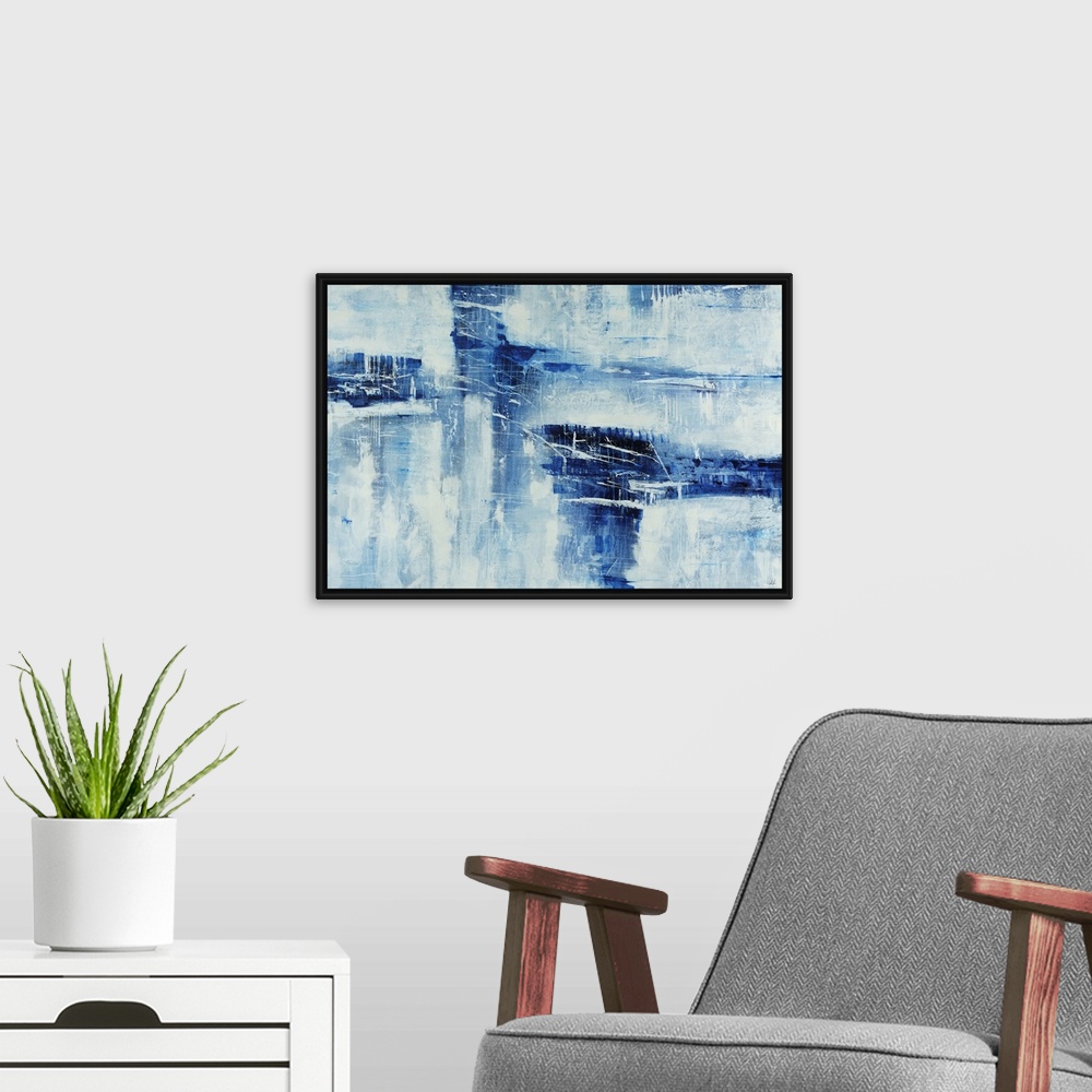 A modern room featuring Contemporary abstract art of cool tones cut out and faded over top of a neutral background.