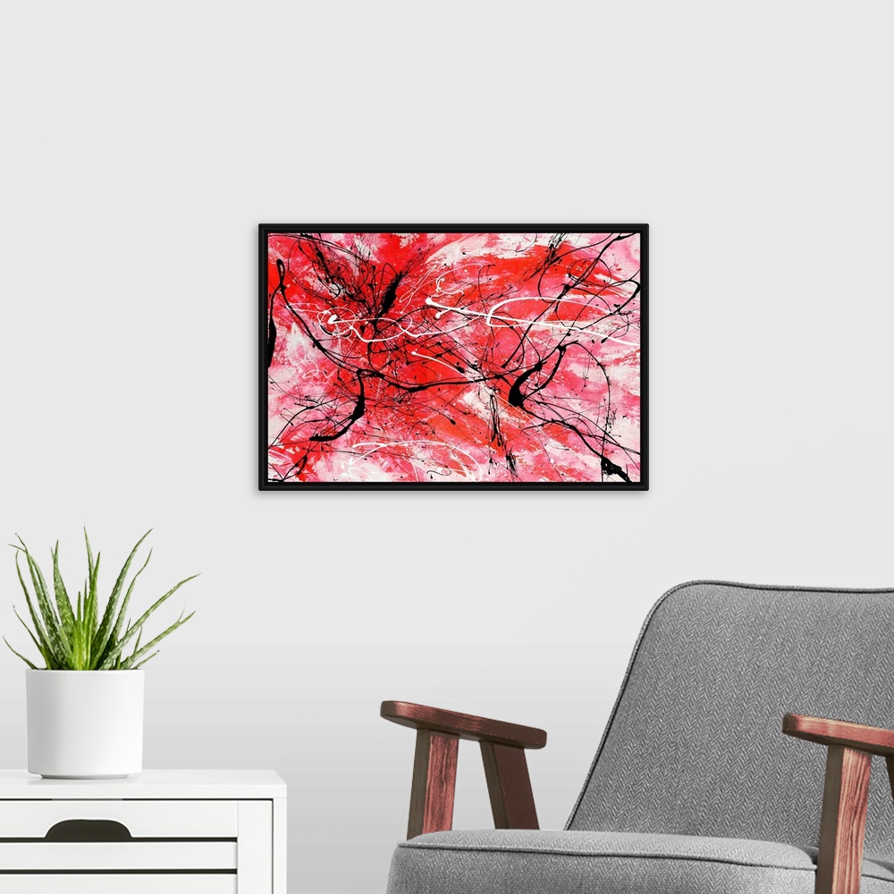 A modern room featuring Energetic contemporary painting of energetic red brushstrokes and sporadic black and white lines ...