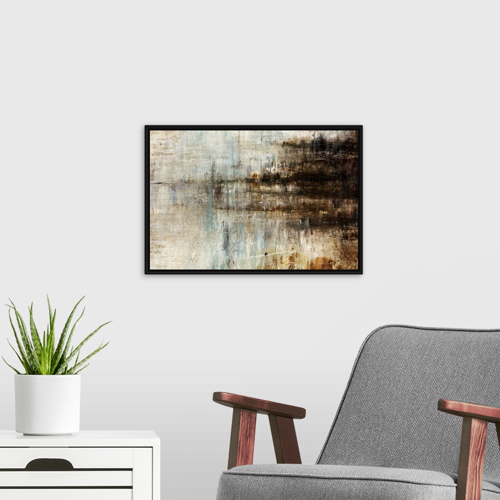 A modern room featuring Abstracted painting of frequency lines in neutral shades from cream to dark brown.