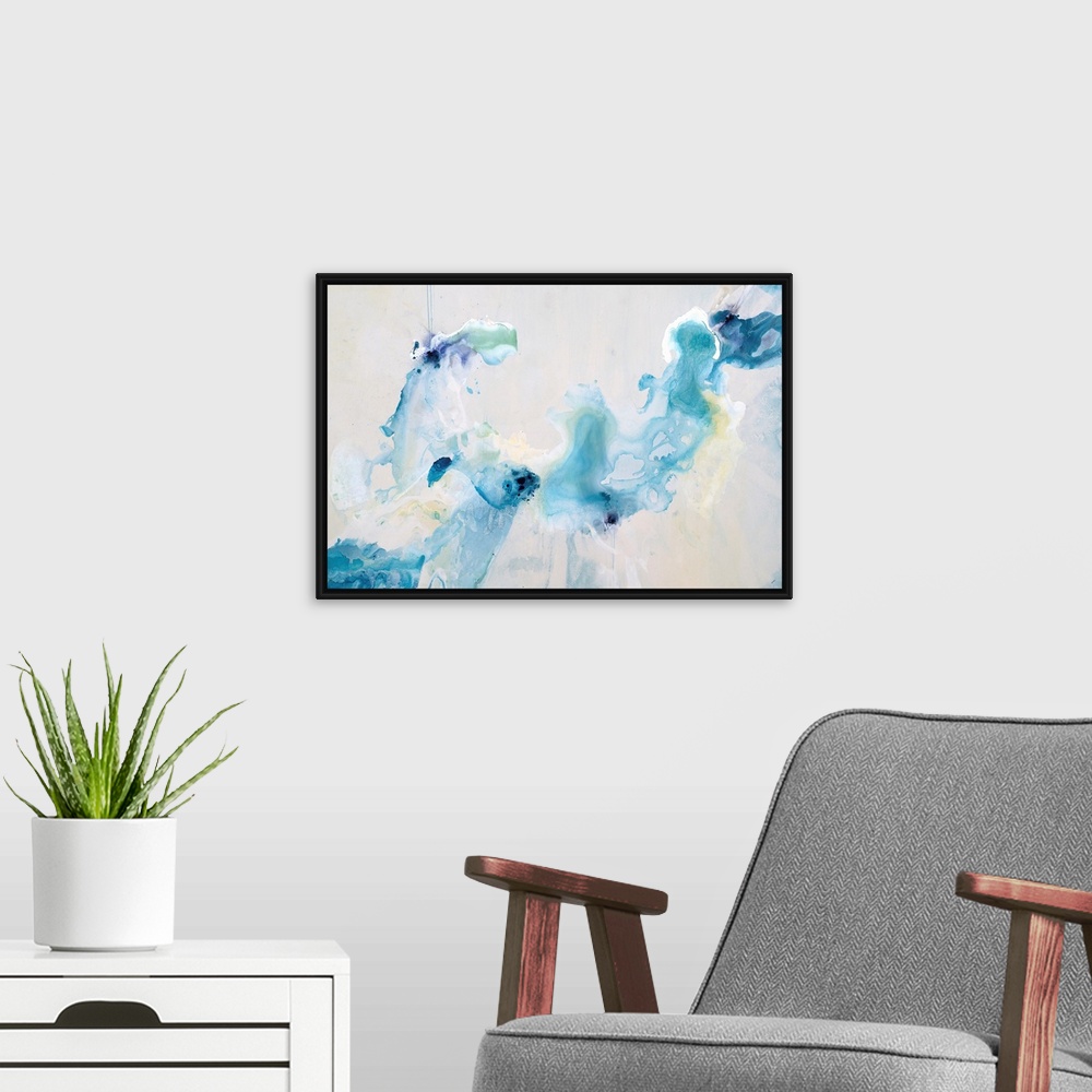 A modern room featuring Contemporary art of swirling cool tones that resemble dye dropped in water, on a light, neutral b...