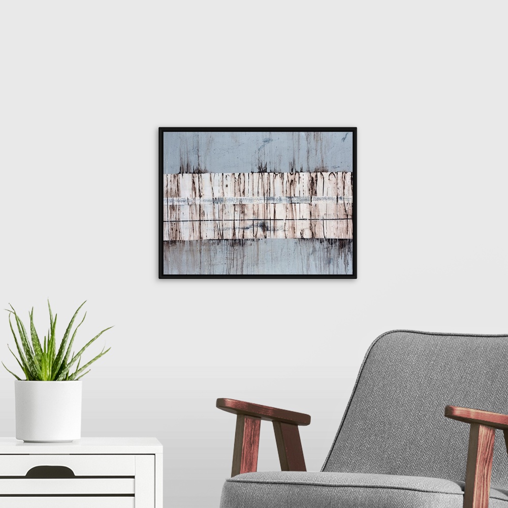A modern room featuring Huge abstract art includes an assortment of horizontal rectangles of varying thicknesses placed o...