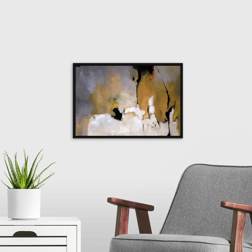 A modern room featuring This horizontal abstract painting is rendered with brush strokes implying shapes, depth, and a li...