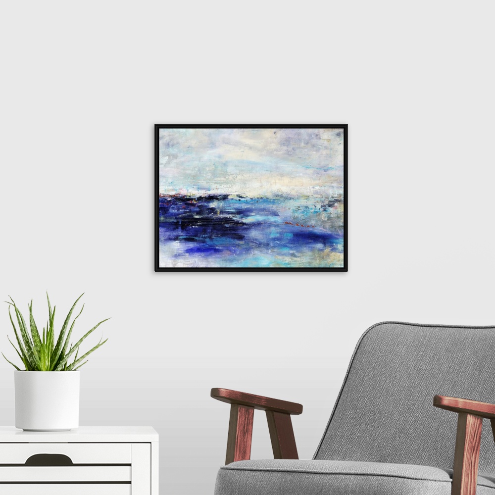 A modern room featuring Abstract painting of an island made up of large brush stroke textures.