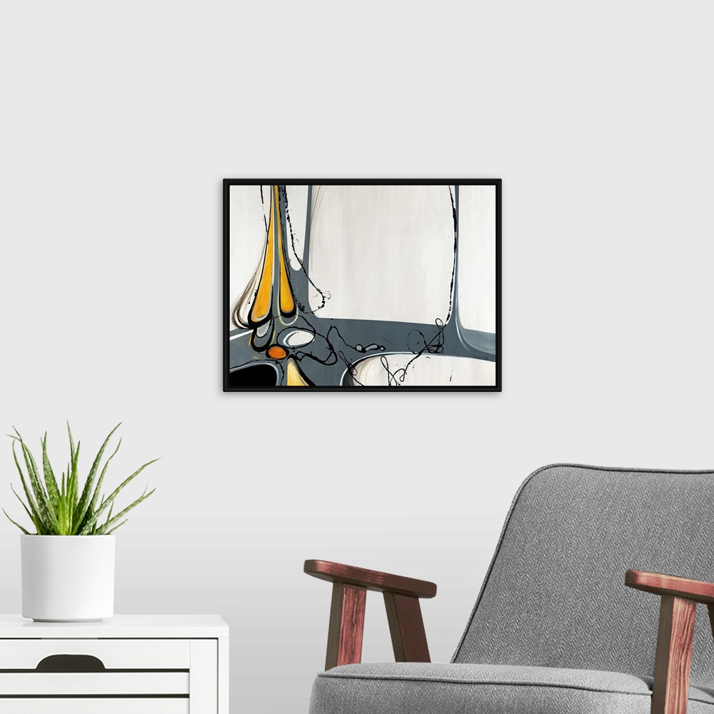 A modern room featuring Abstract art of irregular shapes and curved lines reminiscent of mid-century modern styles.