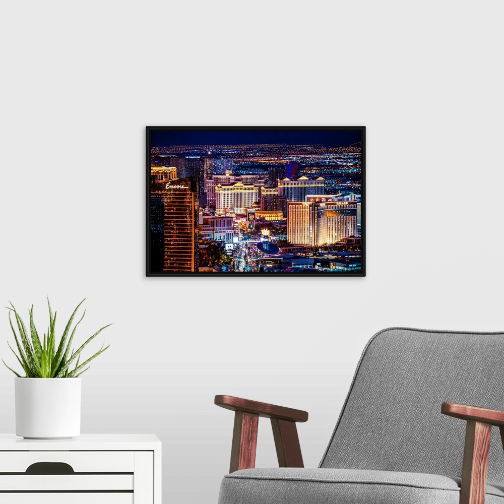 A modern room featuring View of hotels and casinos near Las Vegas strip in Nevada at night.