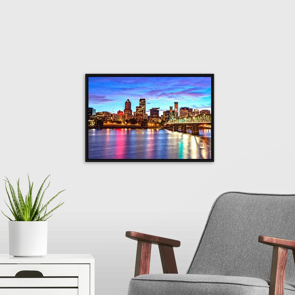 A modern room featuring Photograph of the Portland, Oregon skyline lit up at sunset with colors reflecting onto the Willa...
