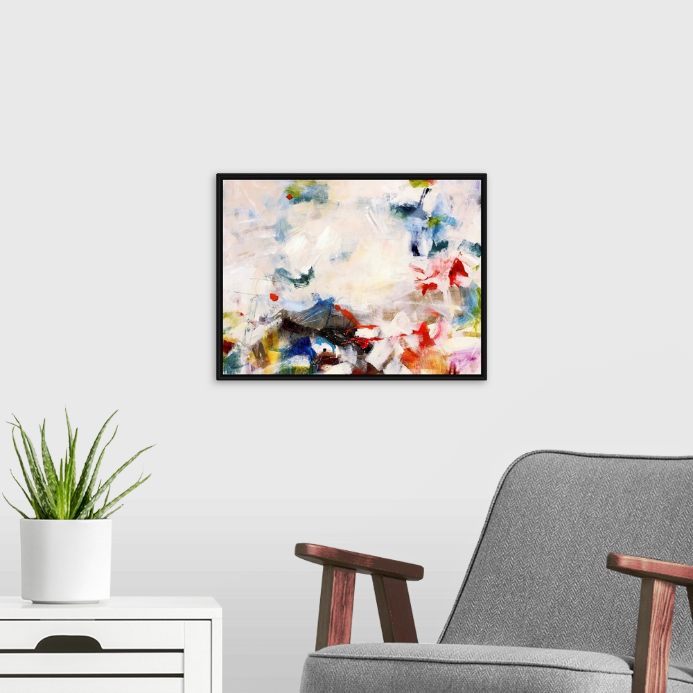 A modern room featuring Colorful contemporary abstract painting consisting of short thick brush strokes.