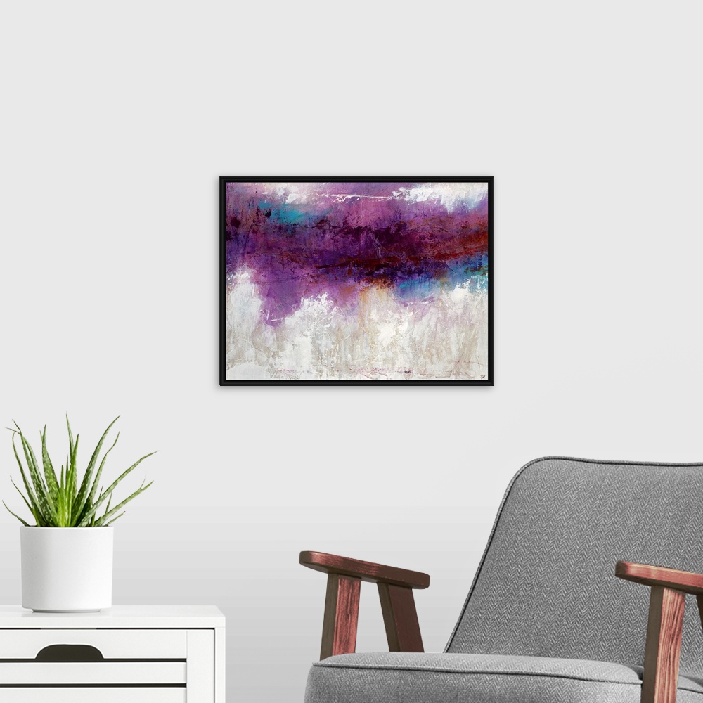 A modern room featuring Abstract artwork consisting of a bright purple mass over a cool, neutral background.