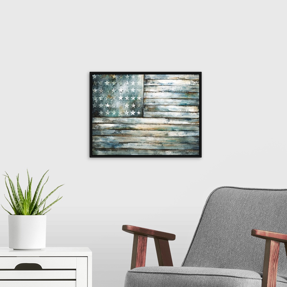 A modern room featuring Contemporary painting of a wooden and weathered looking American flag.