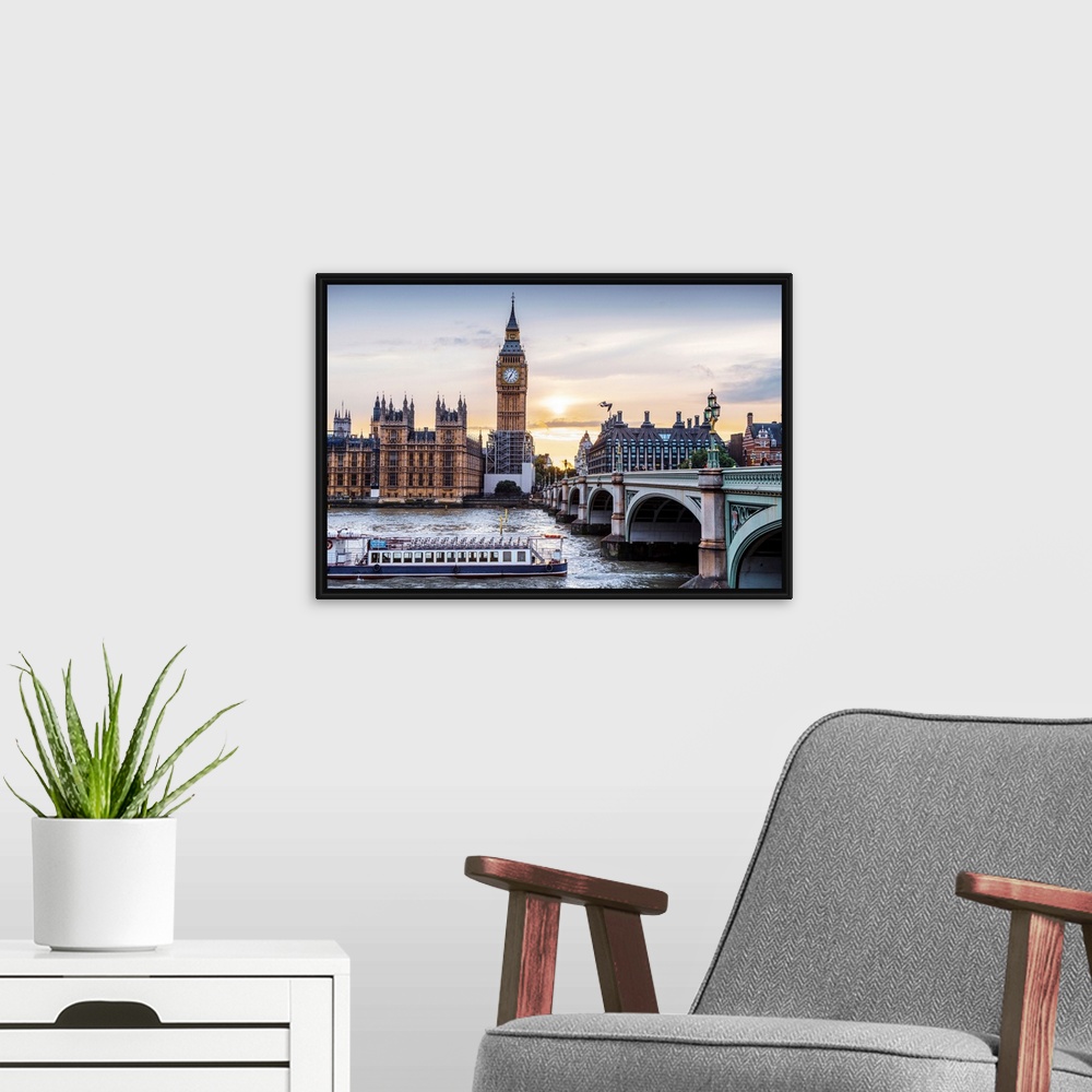 A modern room featuring Photograph of a river boat on the River Thames about to go under the Westminster Bridge with Big ...
