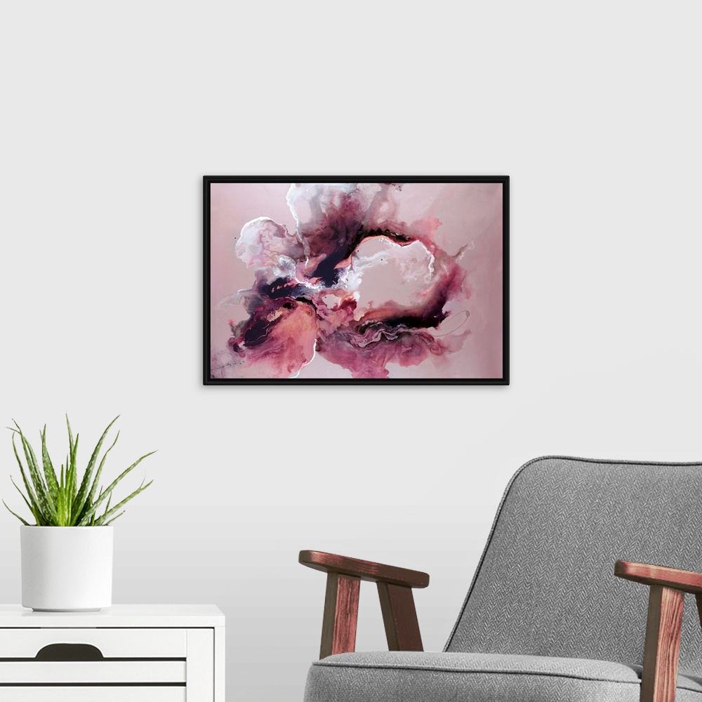 A modern room featuring Horizontal abstract wall art of bleeding wet paint forming amorphous wet shapes.