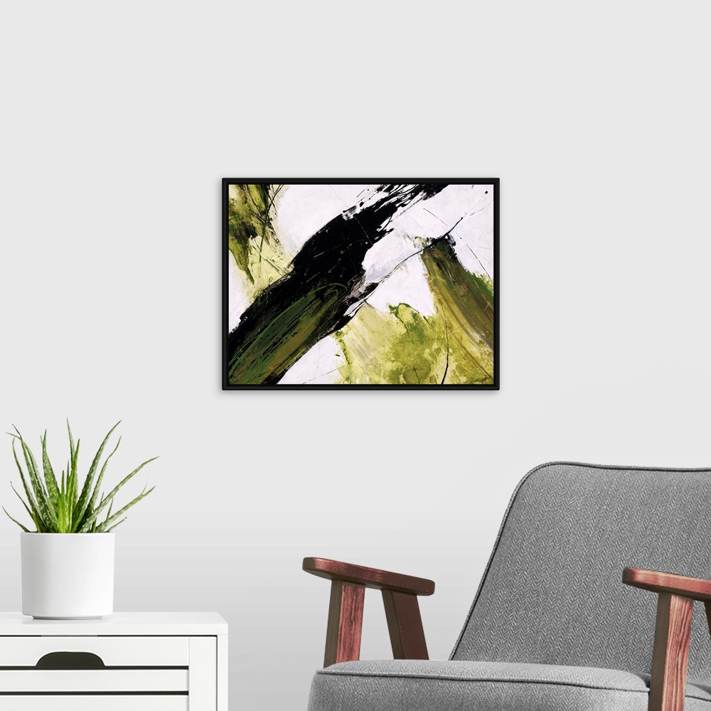 A modern room featuring Abstract painting of dark and light green paint slashing across a neutral background.