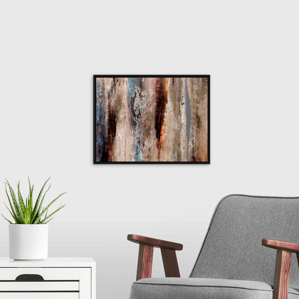 A modern room featuring Big abstract art uses lots of jagged vertical lines to give this piece added texture and complexity.