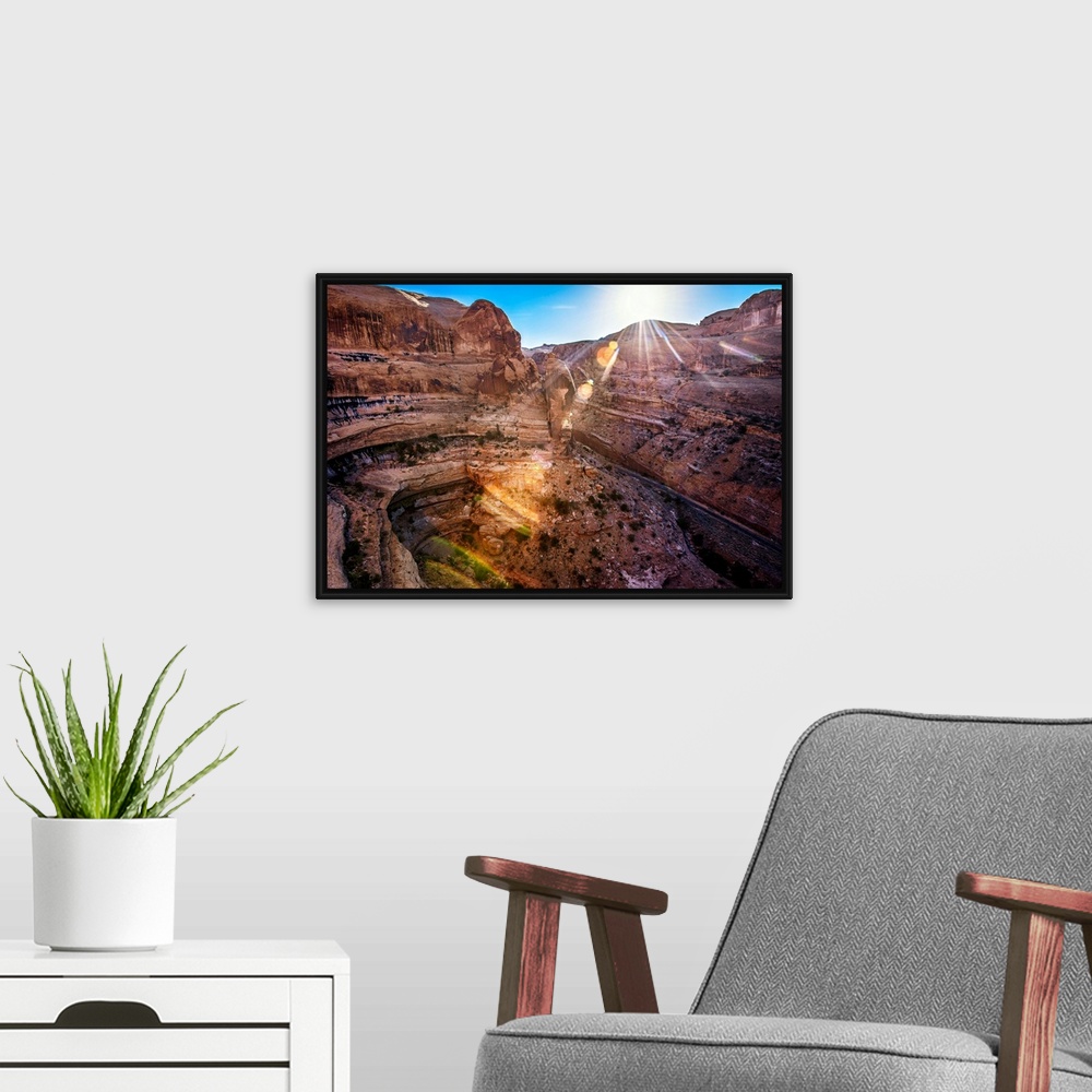A modern room featuring The sun shining on Shafer Canyon, Canyonlands National Park, Utah