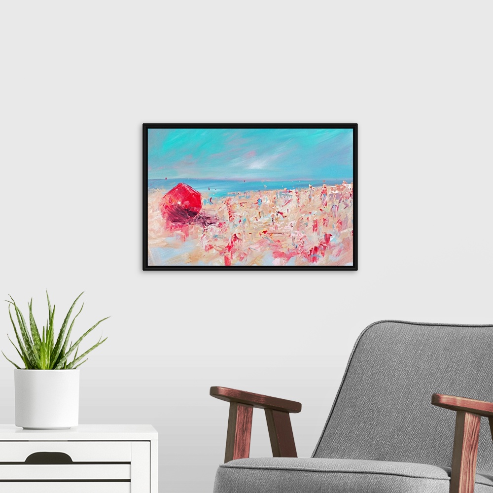 A modern room featuring Contemporary painting of a beach scene with a bright red umbrella and deep turquoise water.