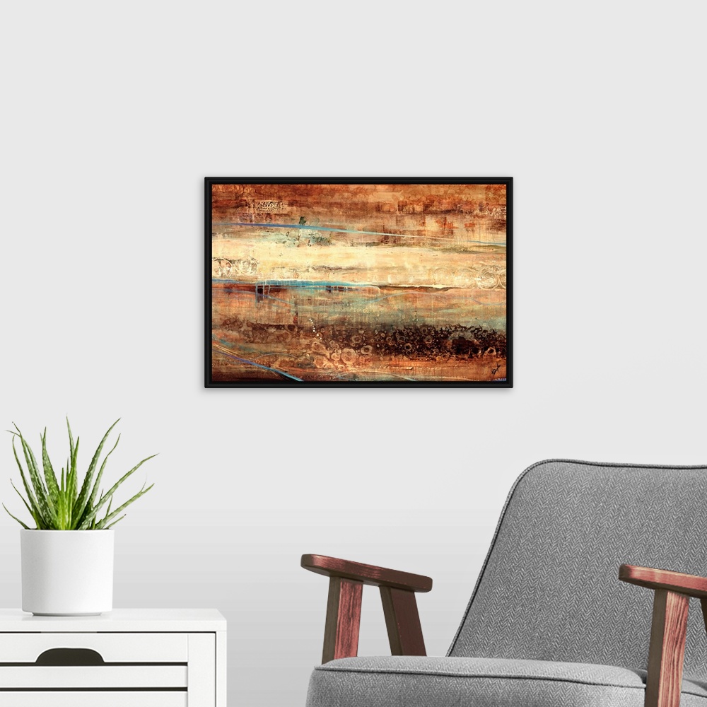 A modern room featuring Large, landscape, abstract painting of various horizontal streaks of texture and color in earth t...