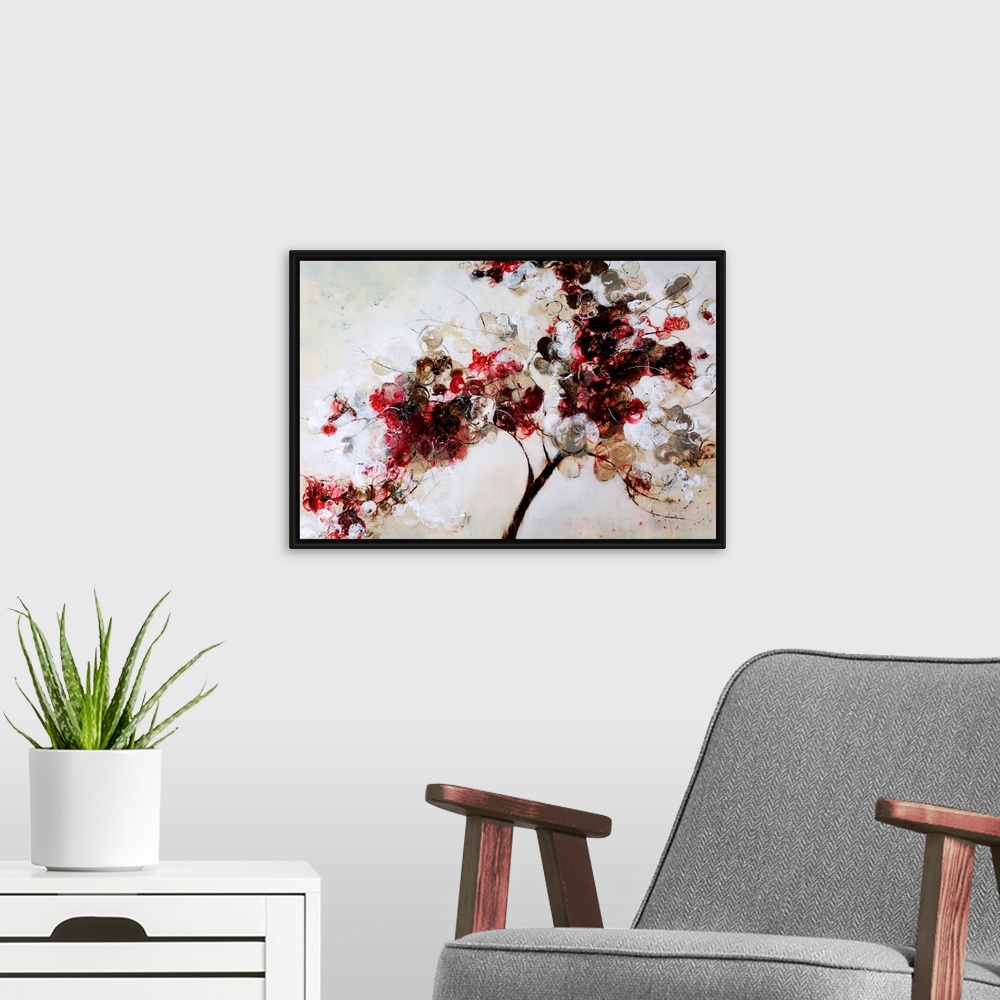 A modern room featuring Contemporary art of a single tree branch filled with multicolored circular flowers, on a light ne...