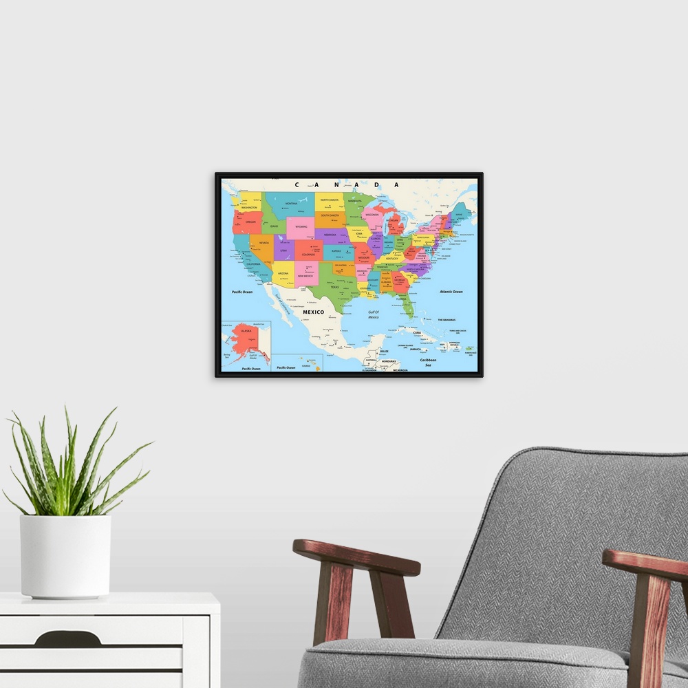 A modern room featuring Large color map of the United States of America with a modern font.