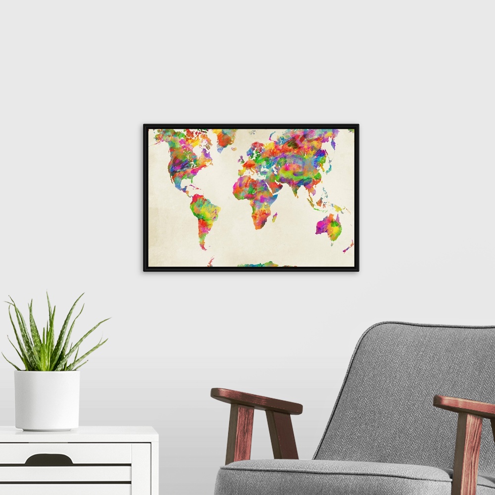 A modern room featuring Colorful watercolor map of the World on a neutral background.