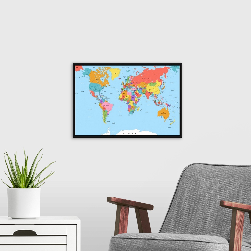 A modern room featuring Large color map of the World with a modern font.