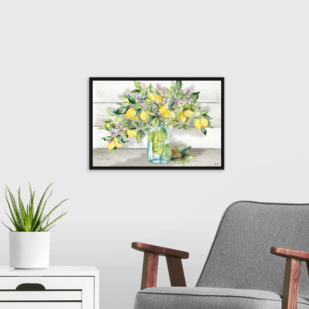 A modern room featuring A rustic, country style image of a branch laden with lemons and lemon blossoms, in front of a whi...