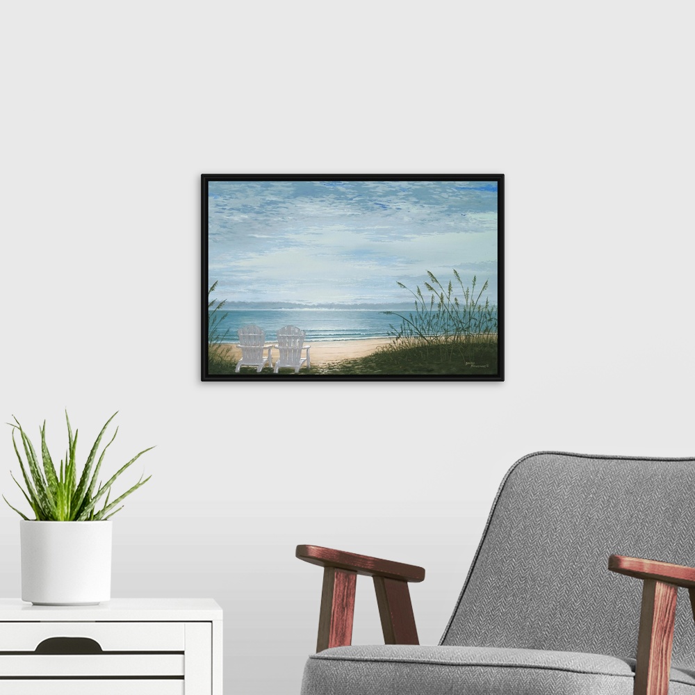 A modern room featuring Contemporary painting of two adirondack chairs in the sand overlooking the beach.