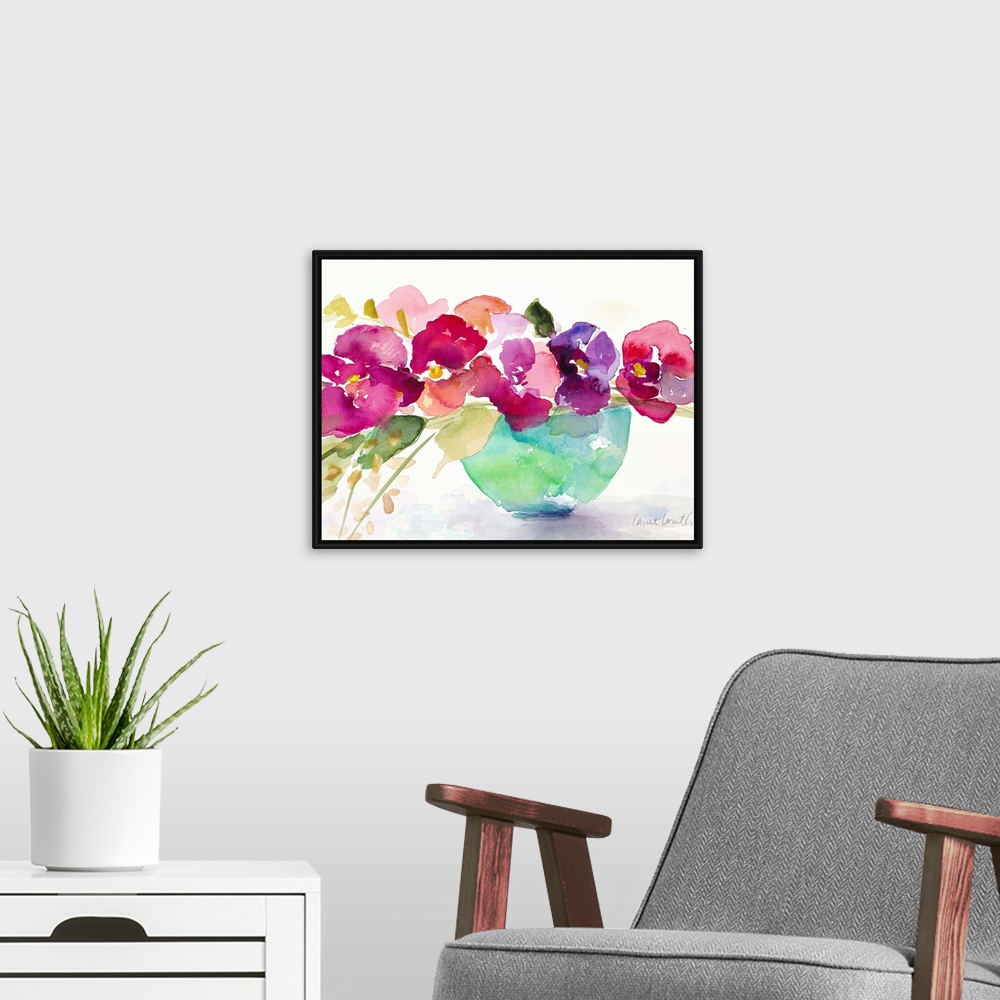 A modern room featuring Watercolor painting of flowers in a blue bowl.