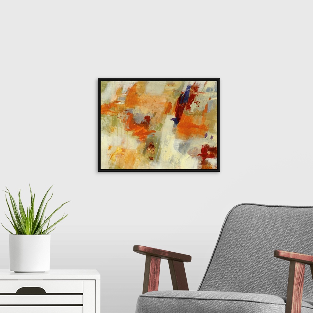 A modern room featuring Colorful contemporary abstract painting consisting of wide brush strokes and dripping painting.