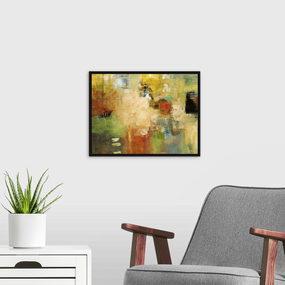 A modern room featuring A horizontal abstract painting with a whimsical composition. This wall art is made by a variety o...