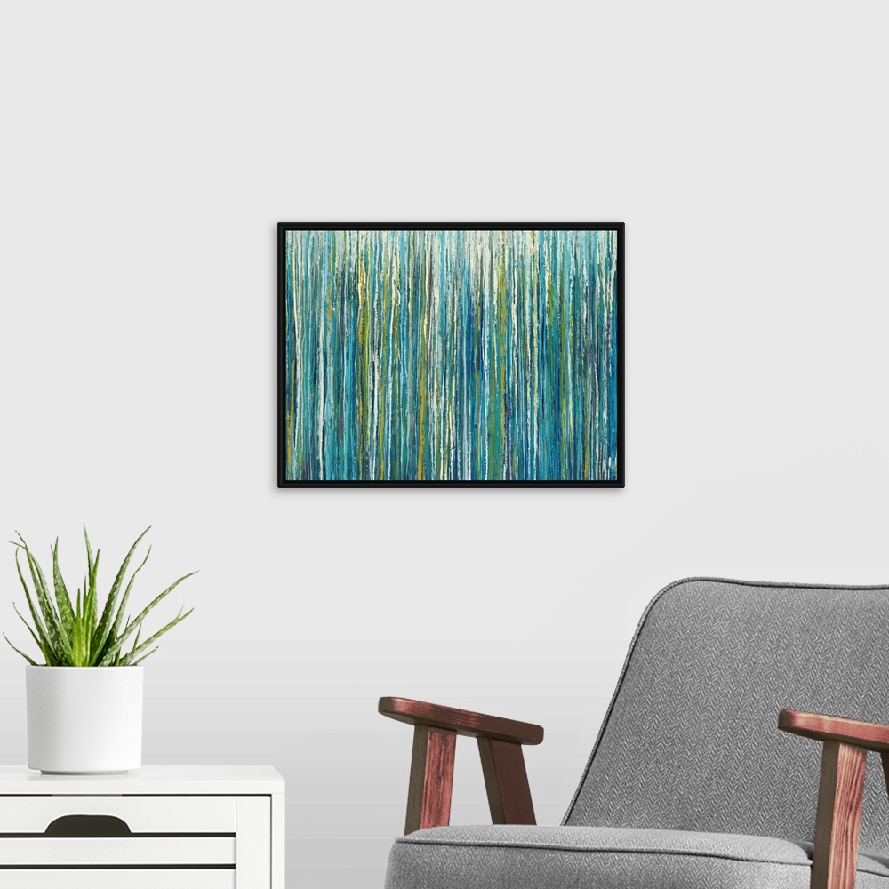 A modern room featuring Abstract painting with cool toned vertical lines layered on top and next to one another.