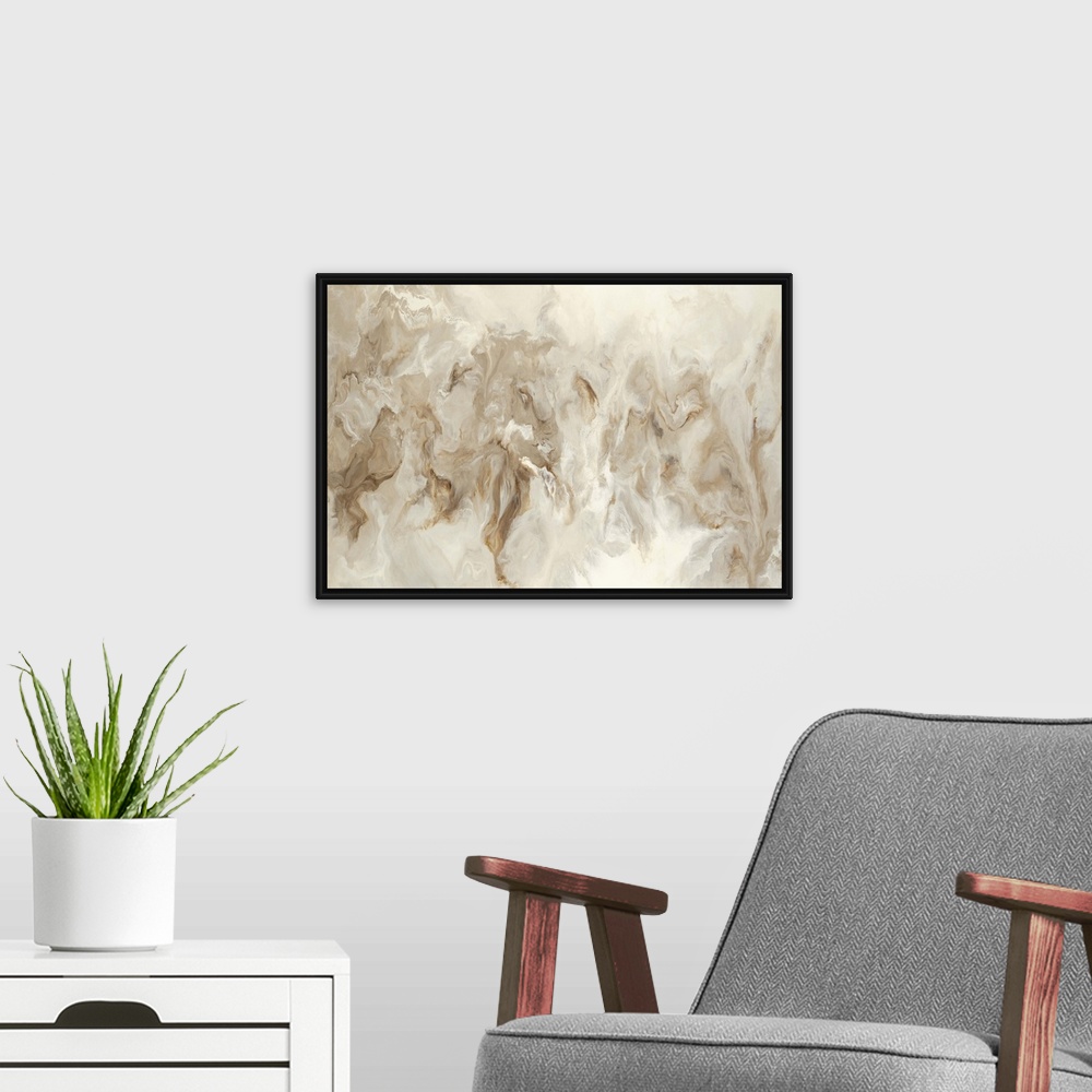A modern room featuring Neutral colored hues marbling together in this large abstract painting.