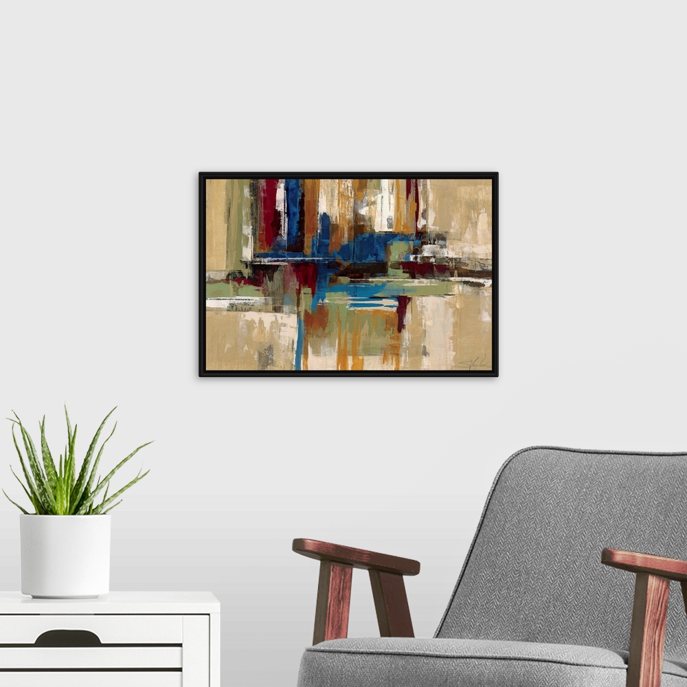 A modern room featuring Large, horizontal, contemporary artwork for a living room or office of a cluster of thick, patchy...