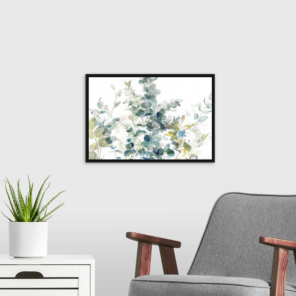A modern room featuring Large watercolor painting of eucalyptus leaves in shades of blue, gray, and green on a white back...