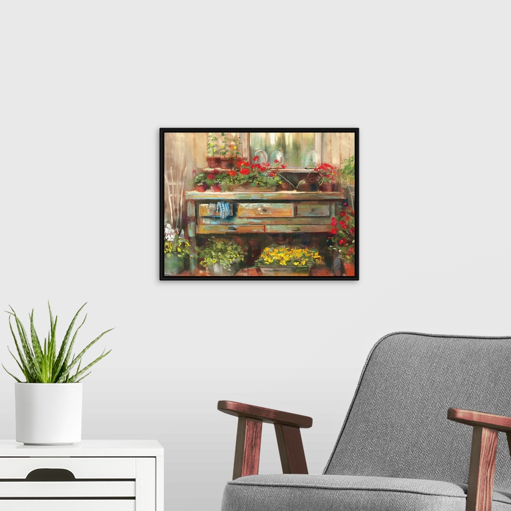 A modern room featuring Contemporary painting of potted flowers sitting outside a shed.