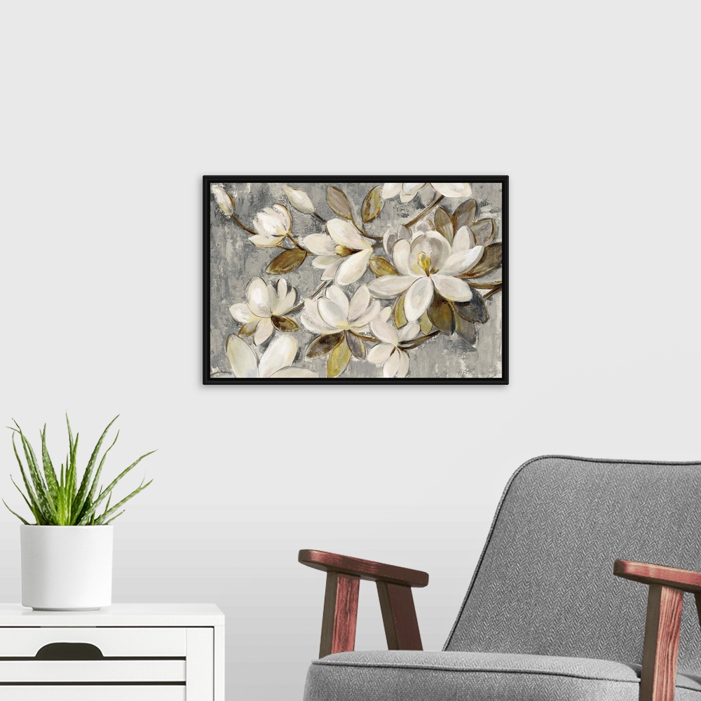 A modern room featuring Contemporary painting of magnolia flowers on a textured gray and cream colored background.