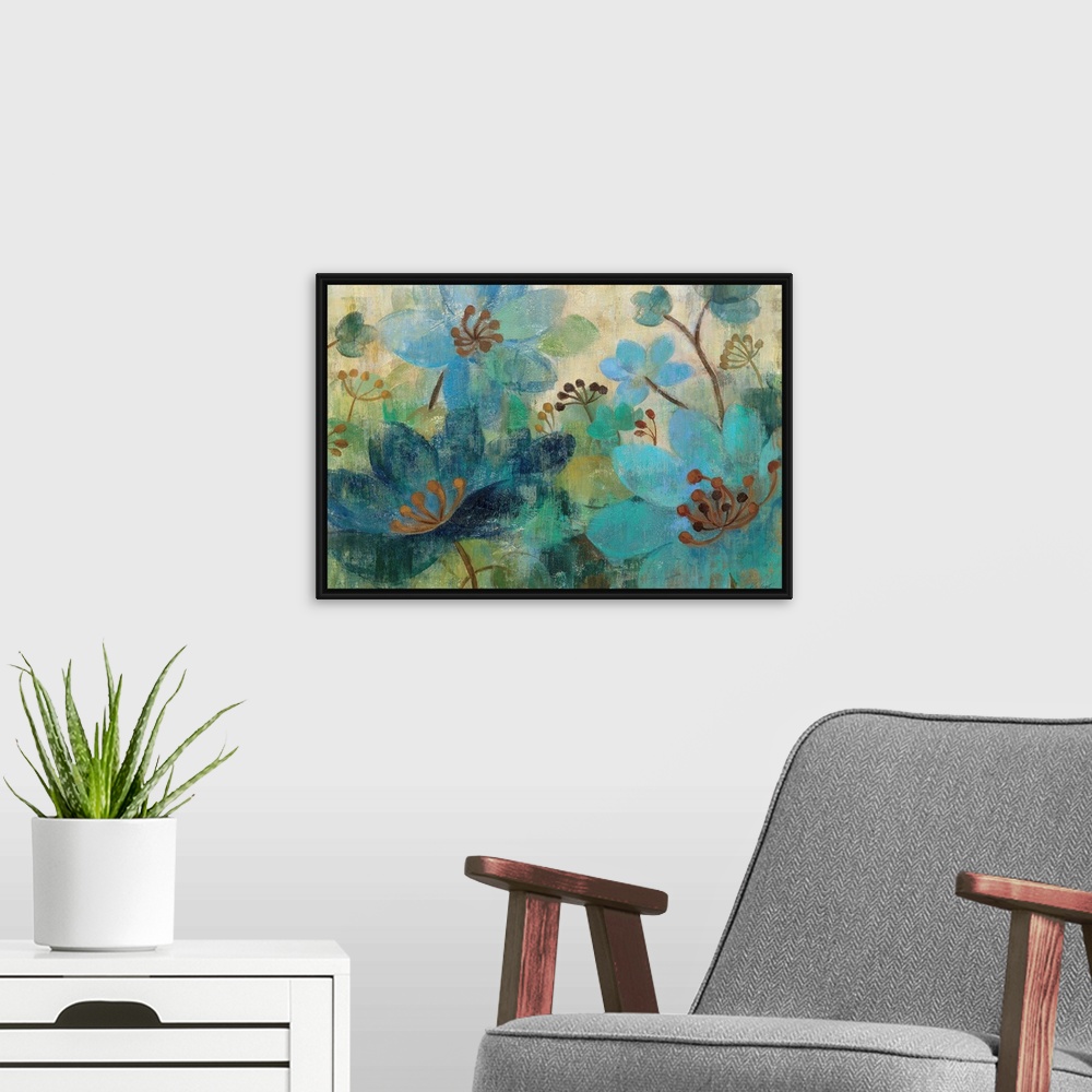 A modern room featuring Painting of floral collage.  Emphasis is on the petal and stamen shapes, all ranging in different...