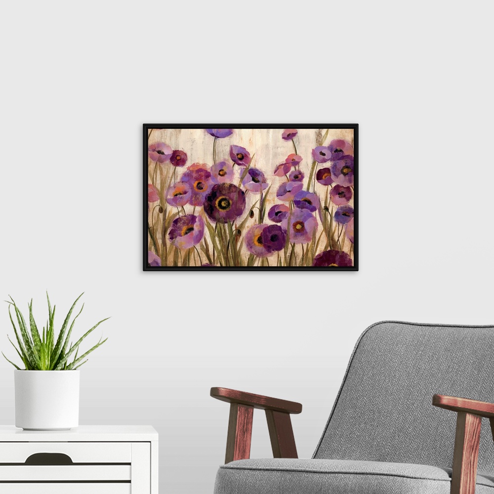 A modern room featuring Big contemporary art depicts a garden filled with poppy flowers.  Artist uses an abundance of ver...