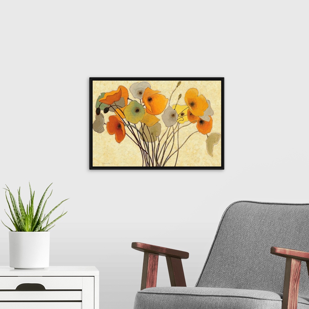 A modern room featuring Horizontal fine art painting of a bouquet of poppies in golden colors, on a lighter, neutral, bru...