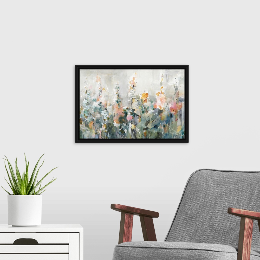 A modern room featuring An asbtract floral painting in a contemporary style, featuring tall blooms in shades of peach and...