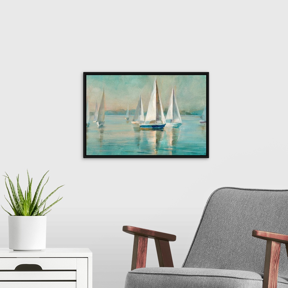 A modern room featuring Contemporary painting of sailboats on crystal blue waters.