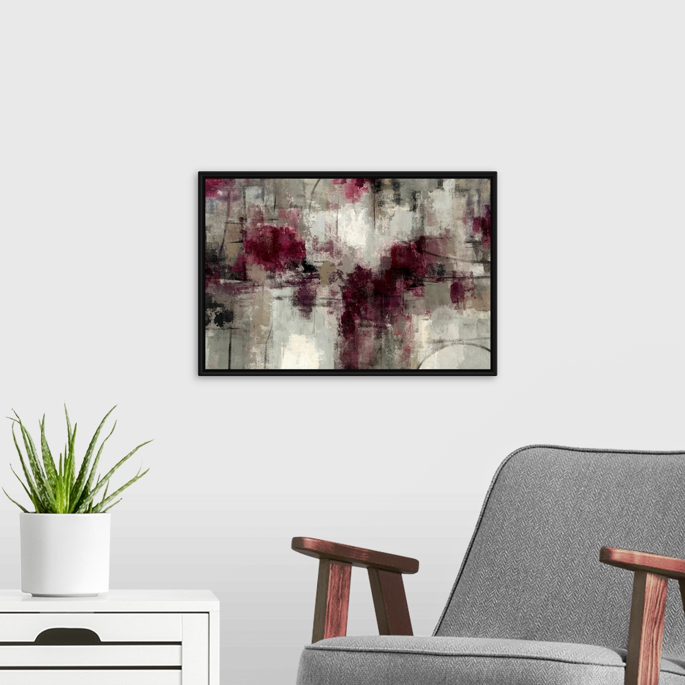 A modern room featuring Abstract painting with dry brush strokes and patches of maroons on a neutral textured background.