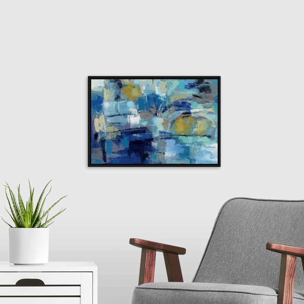A modern room featuring Contemporary abstract painting using tones of blue to create depth.
