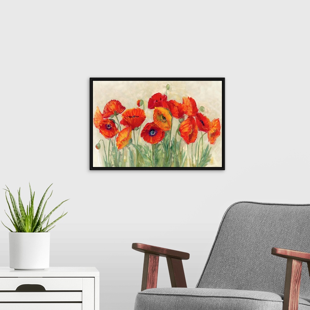 A modern room featuring Large contemporary piece of artwork that displays the beauty of a group of poppies.