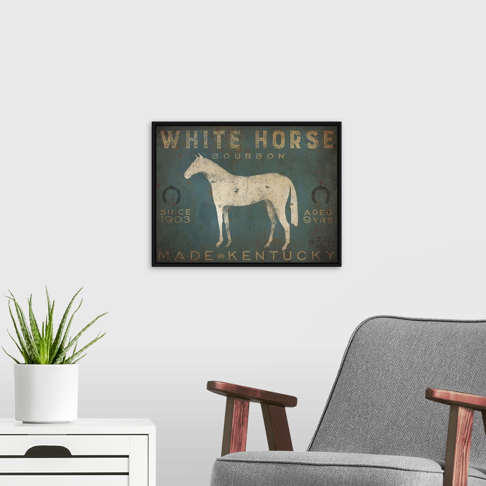 A modern room featuring Contemporary rustic artwork of a worn and weathered sign for aged whisky.