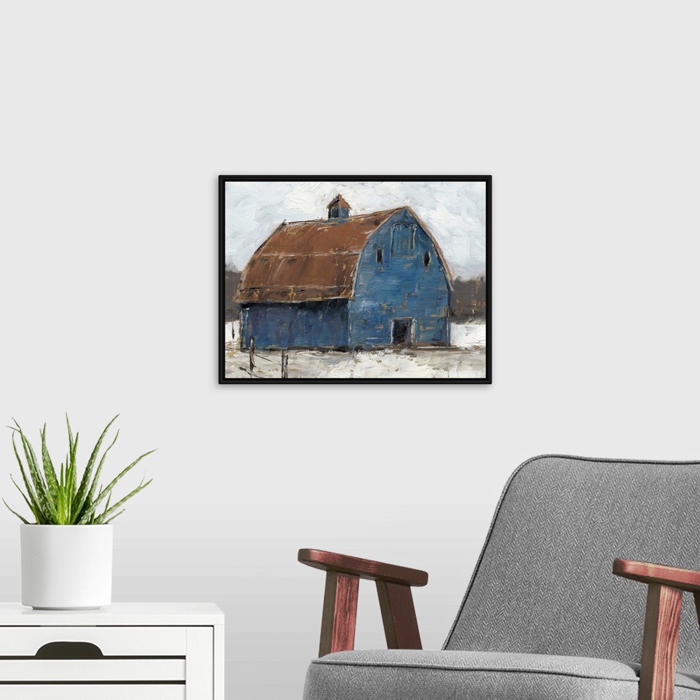 A modern room featuring A cool, wintery image of a large denim-blue barn with a rusty brown roof on snowy ground under a ...