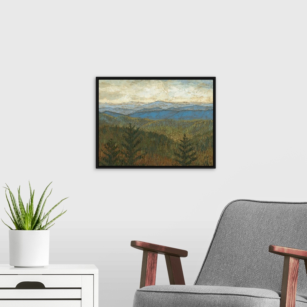 A modern room featuring Contemporary landscape painting of the Blue Ridge mountains.