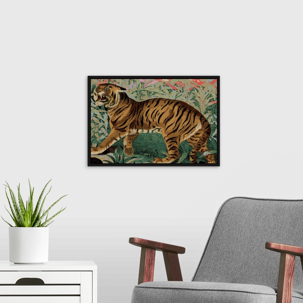 A modern room featuring Bohemian painting of a tiger in front of a floral background.