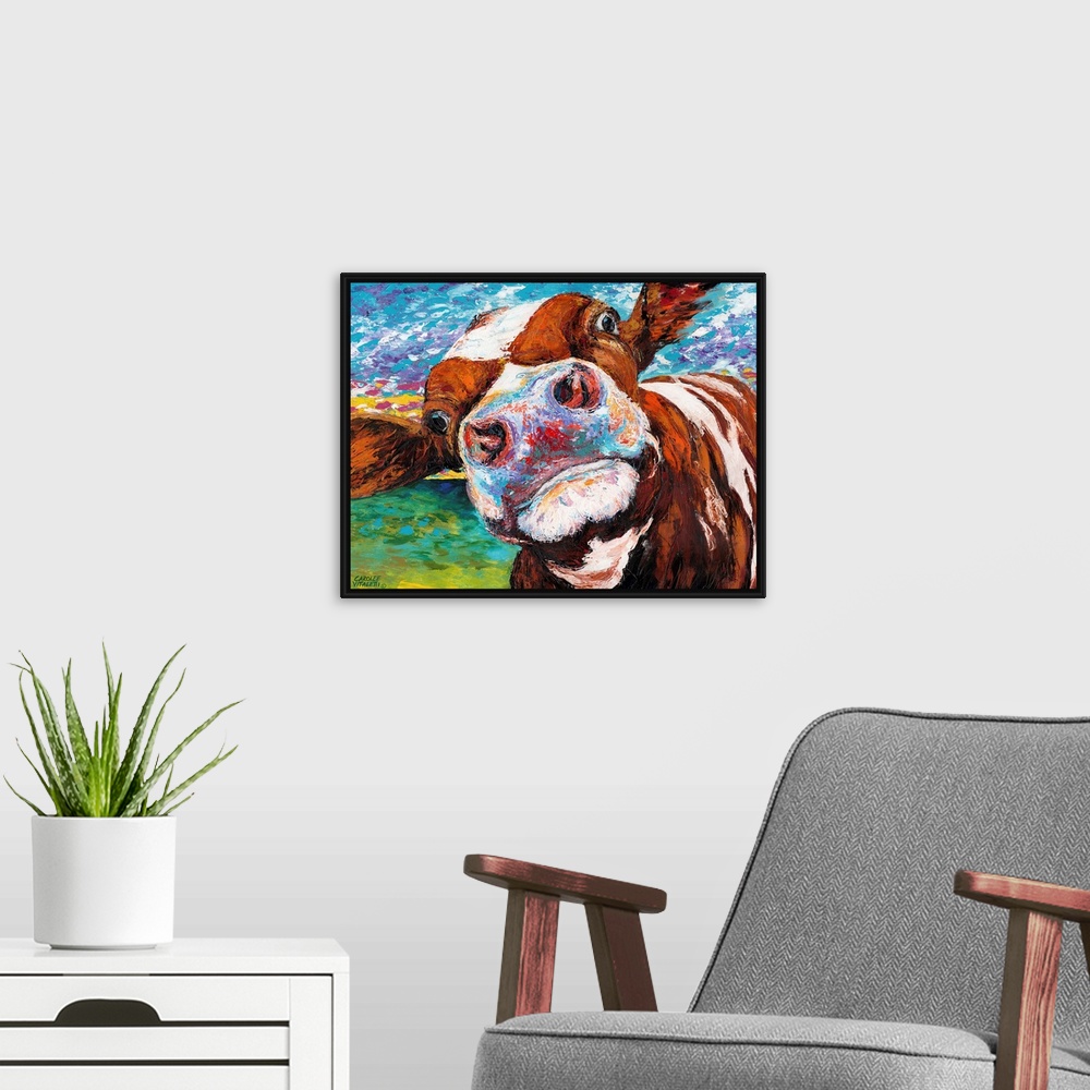 A modern room featuring A whimsical close up portrait of a brown and white cow sticking it's nose right up against the vi...