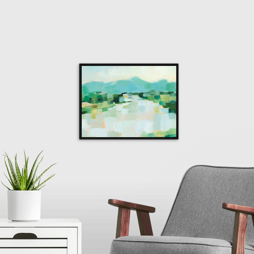 A modern room featuring Contemporary landscape painting with short brushstrokes in a variety of greens.